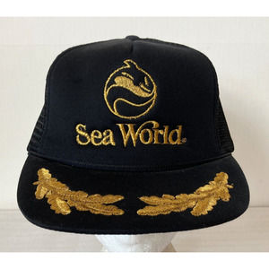 Vintage 80S SEA WORLD Snapback Trucker Mesh Hat Black Gold Embroidered Foam